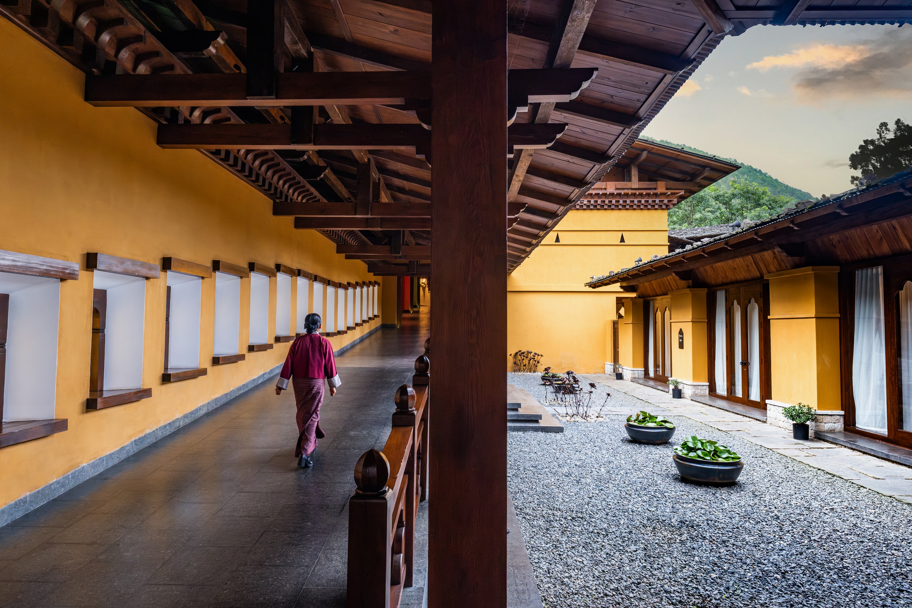 Courtyard covered walkway at Pemako Punakha