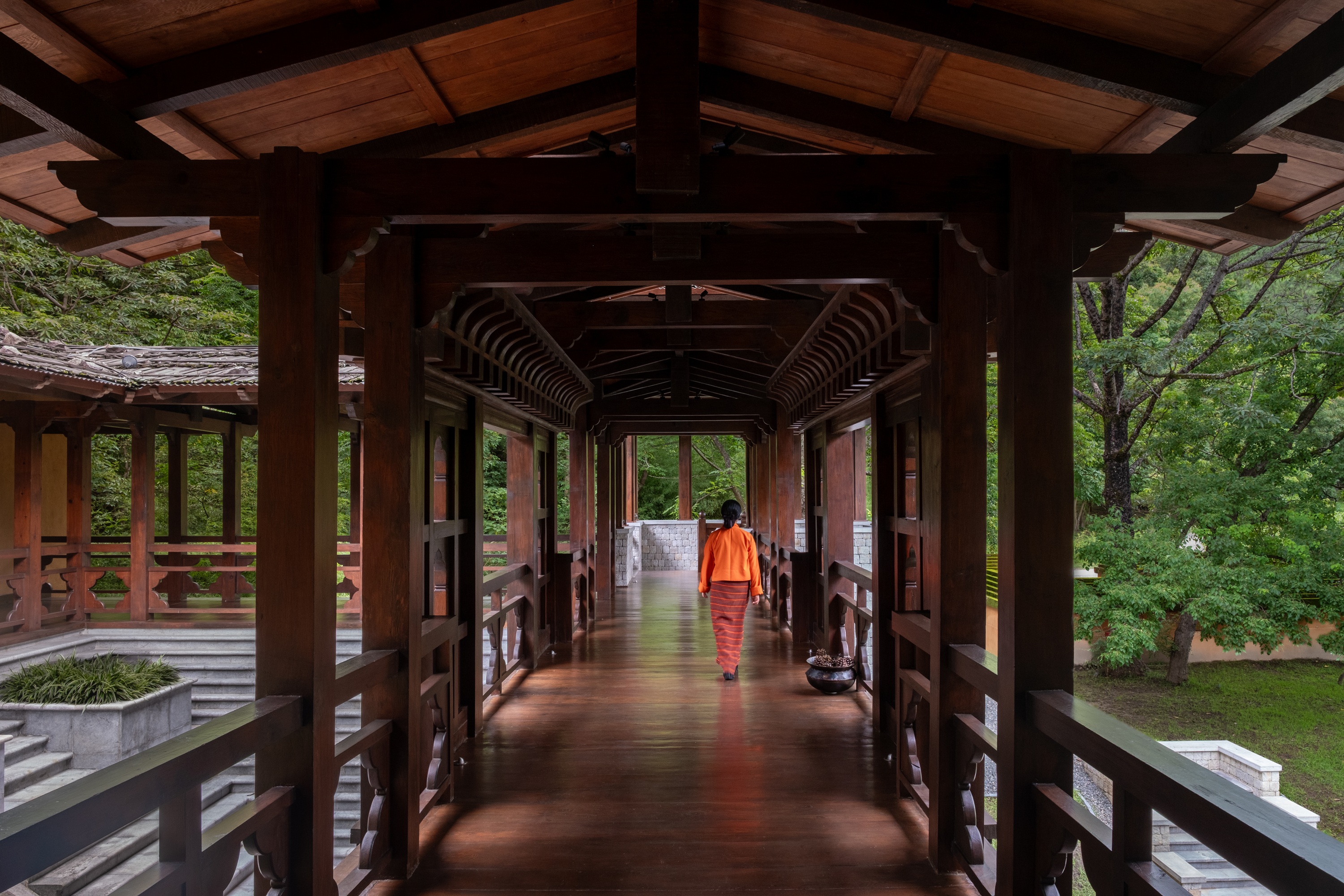 Covered garden corridor at Pemako Punakha