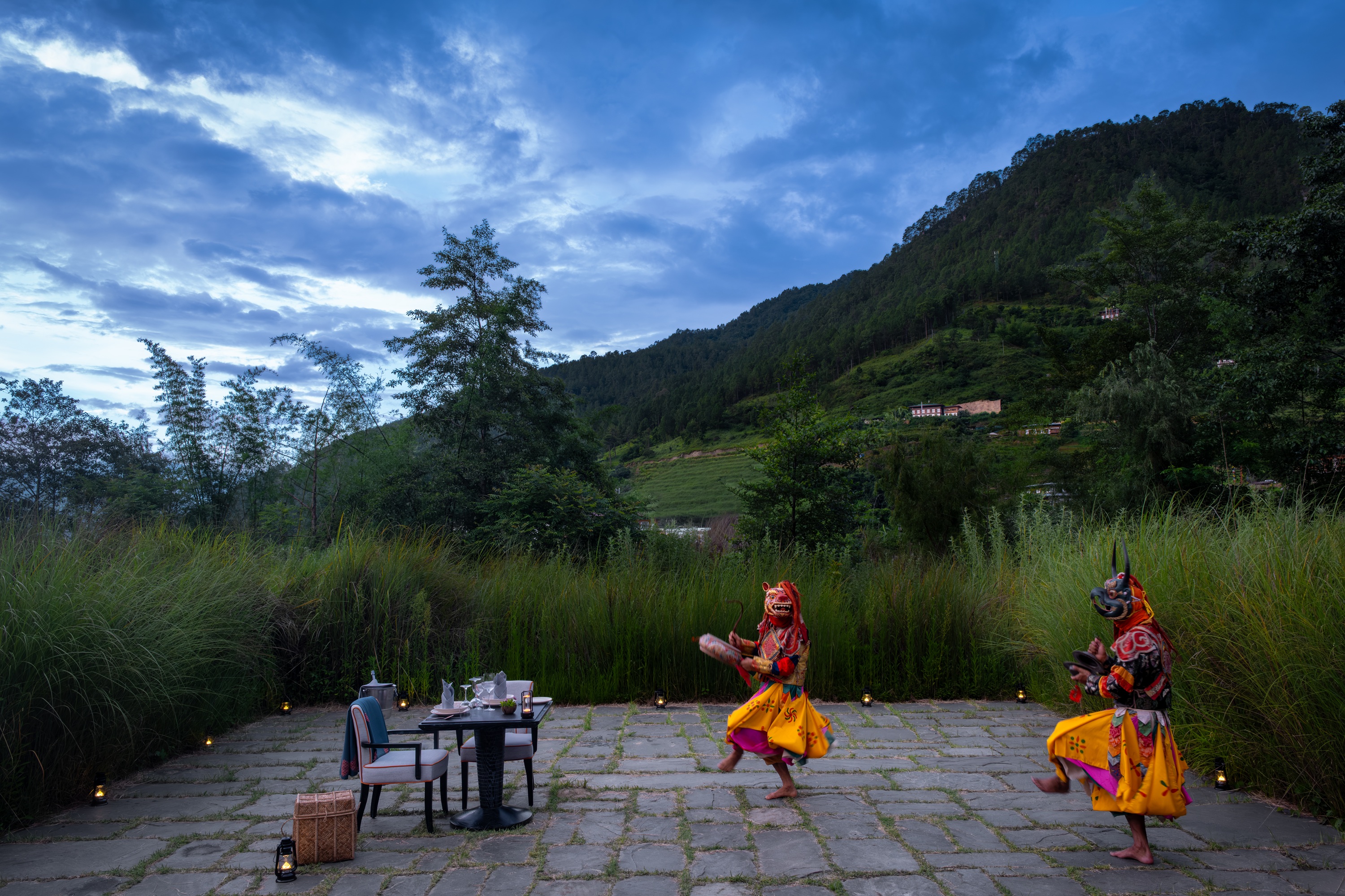 Cultural dance on the terrace at Pemako Punakha