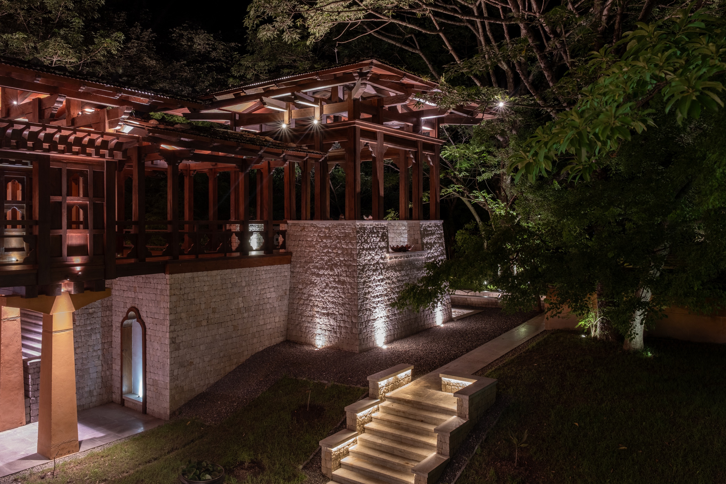 Garden building at night at Pemako Punakha