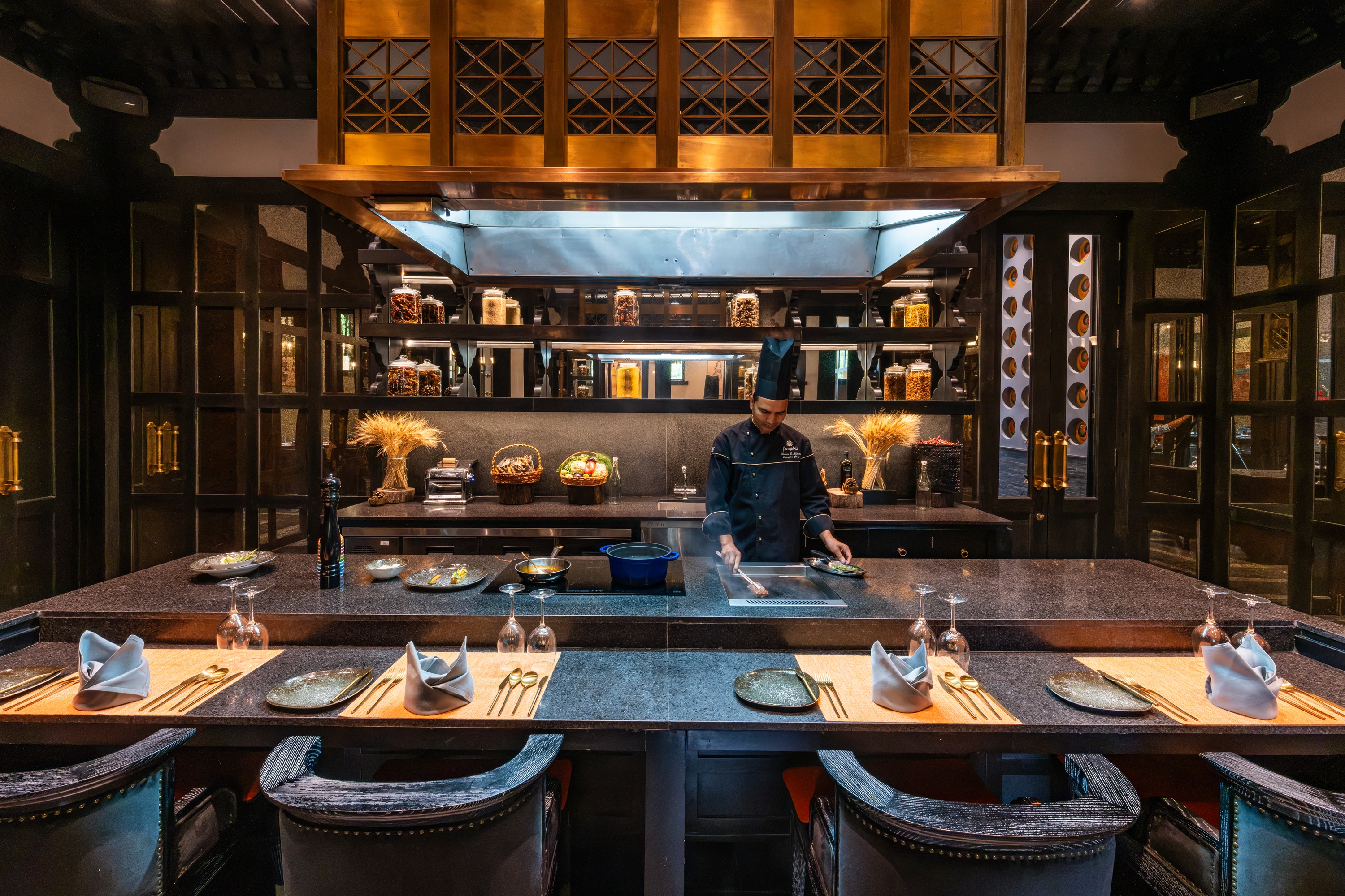 Open kitchen dining counter at Pemako Punakha