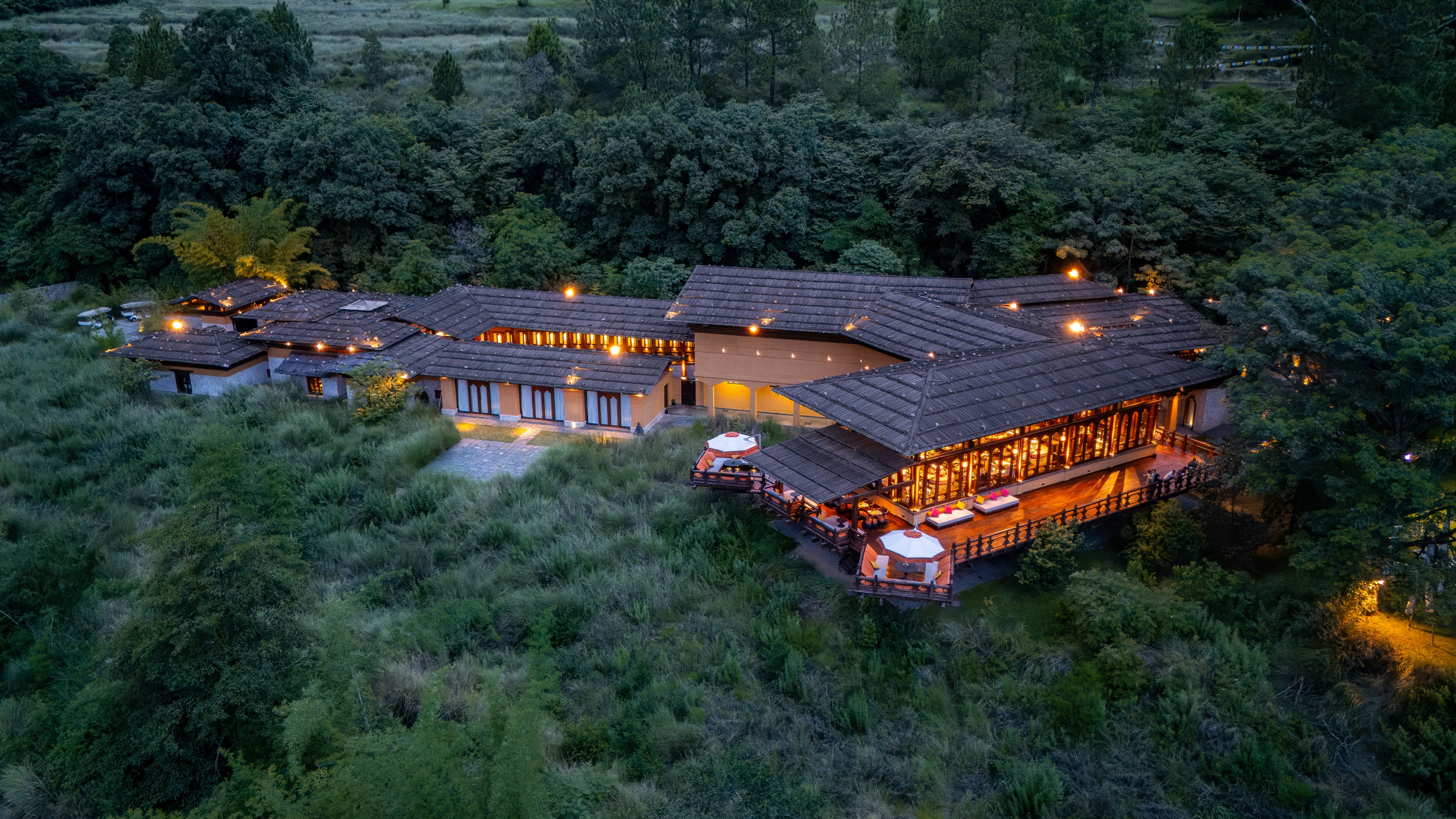 Resort aerial at dusk at Pemako Punakha