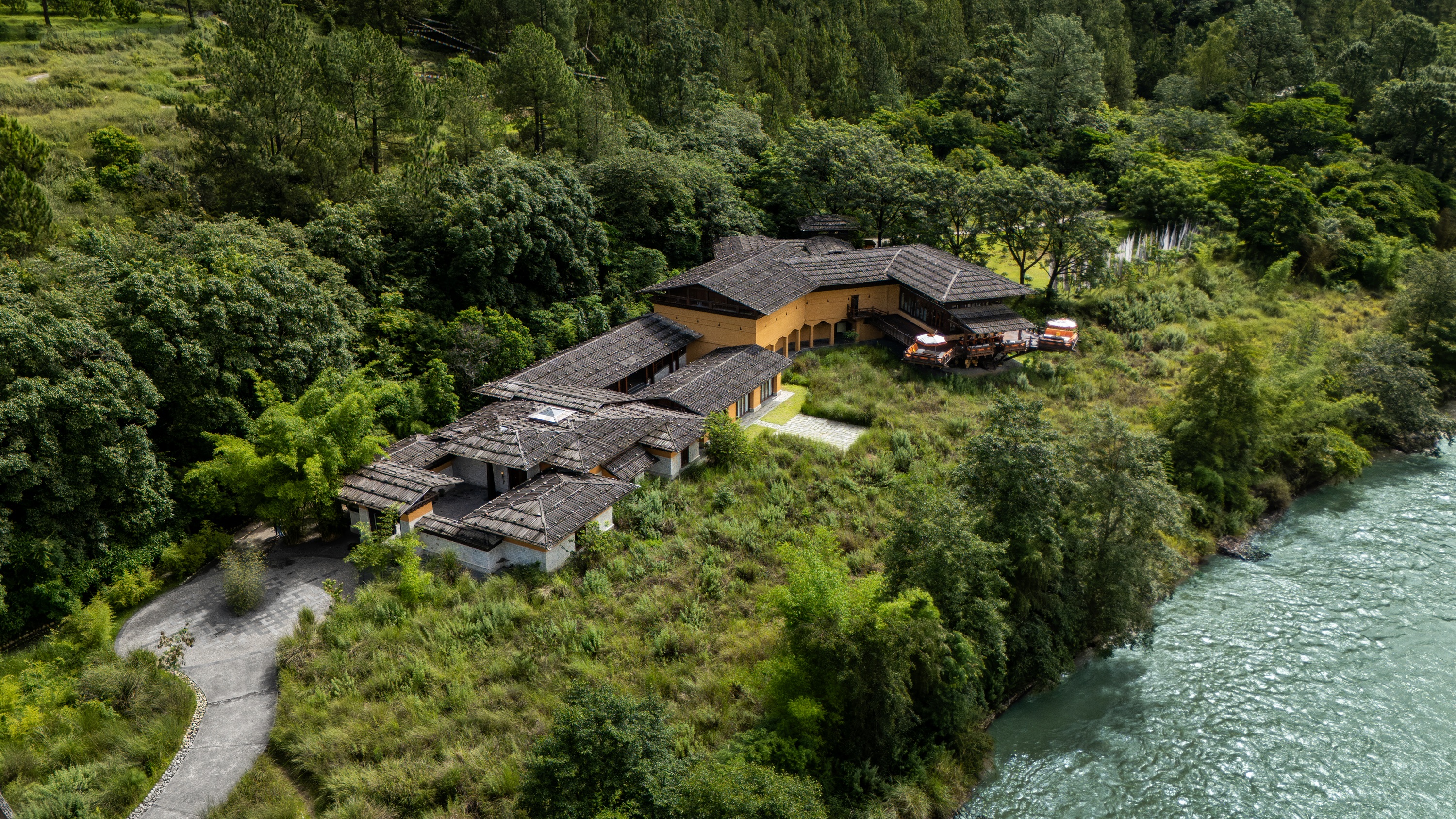 Riverside resort aerial at Pemako Punakha