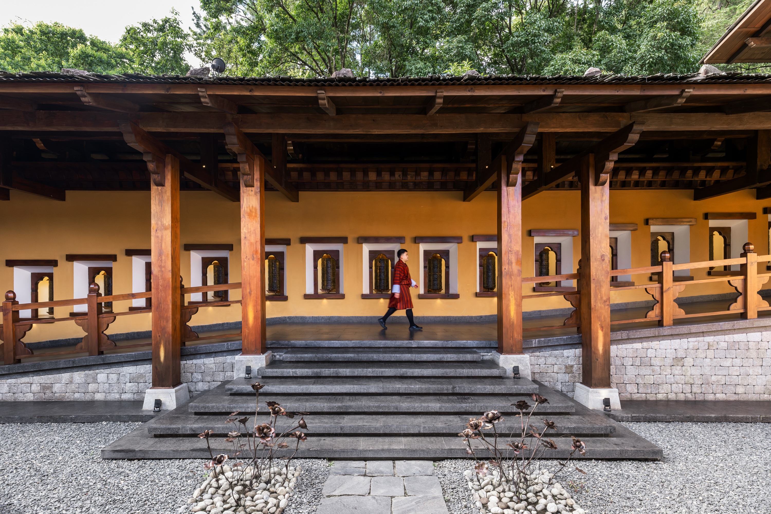 Traditional courtyard entrance at Pemako Punakha